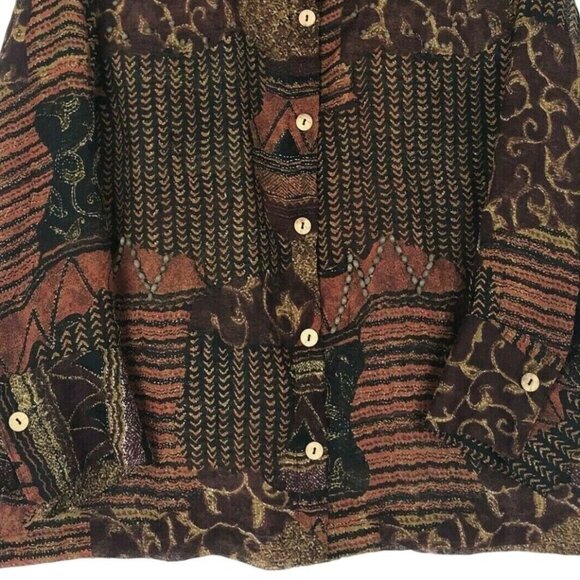 Coldwater Creek L Tribal Print Button Down Shirt Tribal Print Long Sleeve Beaded - Picture 5 of 11
